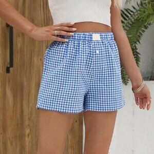 Plaid Pajama Lounge Sleep Striped Bottom Short Blue